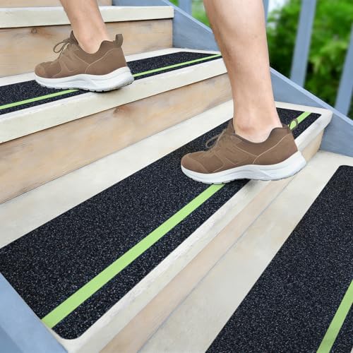 LifeGrip Anti Slip Traction Treads 10-Pack, 8" X 32" with Glow in Dark Stripe, Best Grip Tape Grit Non Slip, Outdoor Non Skid Tape, High Traction Friction Abrasive Adhesive for Stairs Step - color: Glow, size: 8" x 32"