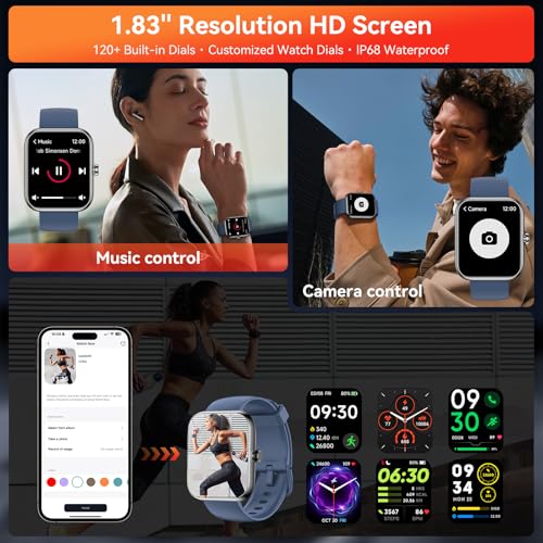 Smart Watch for Men with Alexa, 1.83" Full Touch Screen Fitness Watch with Heart Rate Sleep Tracking, 130+ Sport Modes, IP68 Waterproof, Bluetooth Call Activity Tracker Compatible with Android & iOS - color: Blue