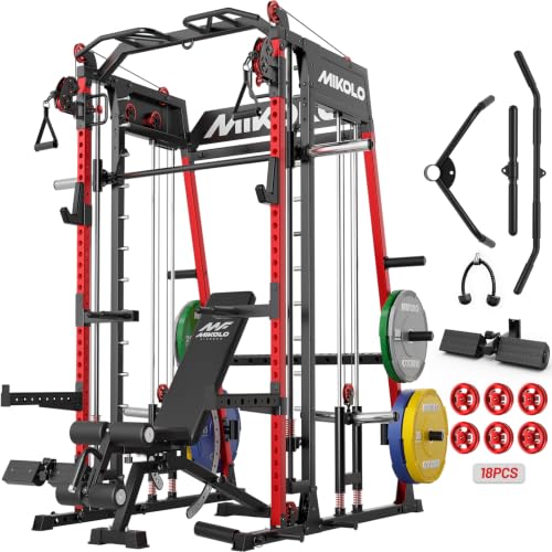 Mikolo M4 2.0 Smith Machine, 2200lbs Squat Rack with LAT-Pull Down System & Cable Crossover Machine, Training Equipment with Leg Hold-Down Attachment - color: Red, size: M4 2.0 Ultra Package (with Color BP230lbs)