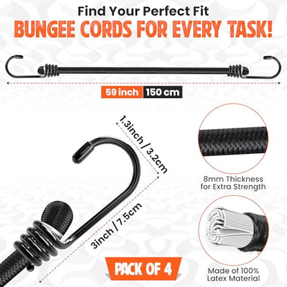 Bungee Cords with Hooks - Latex Made Heavy Duty Weatherproof & UV - Resistant Elastic Bungee Straps (Black, 60 Inches - Pack of 4) - size: 60 Inches - Pack of 4