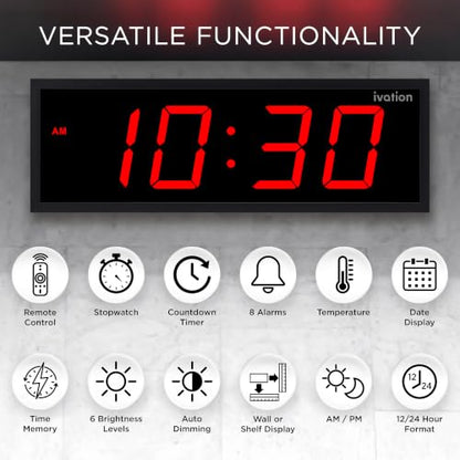 Ivation Large Digital Wall Clock with Big LED Display & Timer, 24" - color: Red, size: 24" x 8"