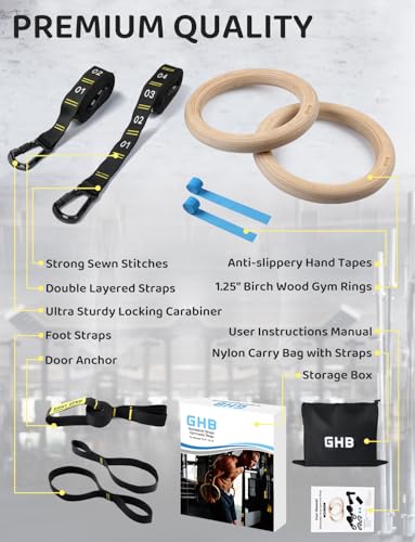 GHB Gymnastic Rings Wooden Gym Rings 1.25" - style: 32mm Rings & Carabiner Numbered Straps Set