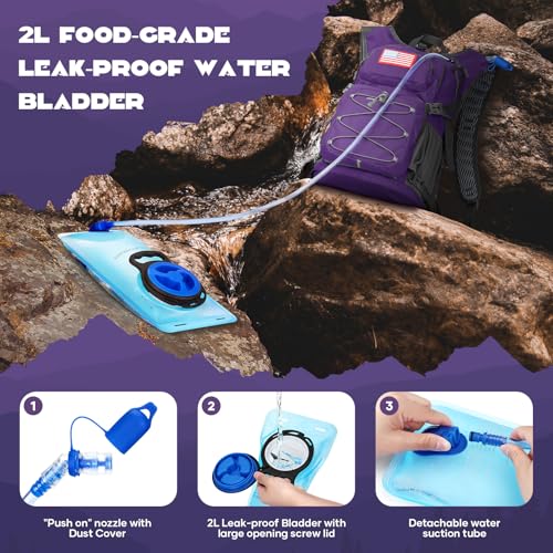 Maelstrom Lightweight Hydration Hiking Backpack with 2L/3L Water Bladder - color: 5.Purple, size: 2L Bladder