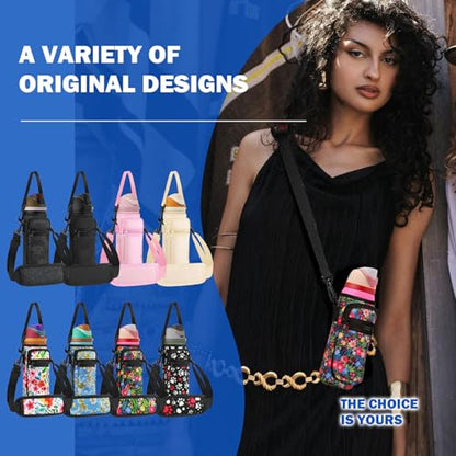 Neoprene Water Bottle Holder Bag with Cell Phone Pocket Compatible with Owala FreeSip 24 oz，Water Bottle Carrying Bag ，with Adjustable Shoulder Strap,for 24oz Stainless Steel Water Bottle - color: Wild Flower