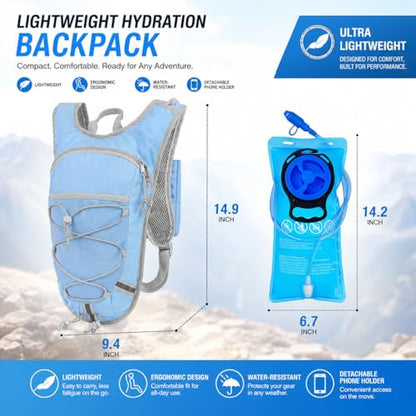 Lightweight Hydration Backpack 2L Water Bladder Pack for Running, Cycling, Hiking – Anti-Theft Water Backpack with Phone Holder, Trekking Pole Holder & Reflective Strips for Men & Women - color: Blue