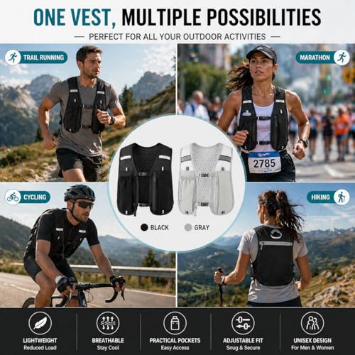 Running Vest for Women & Men, Hydration Vest with Water Bottle Holder and Zipper Phone Pocket, Lightweight Breathable Reflective Running Vest for Marathon. - color: Black