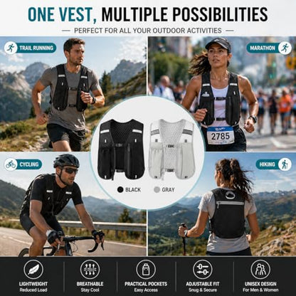Running Vest for Women & Men, Hydration Vest with Water Bottle Holder and Zipper Phone Pocket, Lightweight Breathable Reflective Running Vest for Marathon. - color: Gray