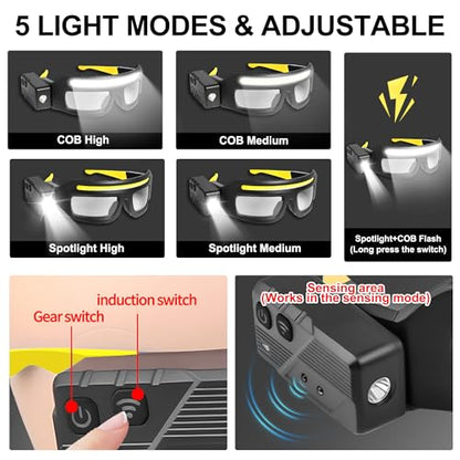 LED Rechargeable Headlight Glasses with Motion Sensor & Touch Control 5 Modes USB C Light Up Glasses Lighted Eyewear - color: Black+yellow