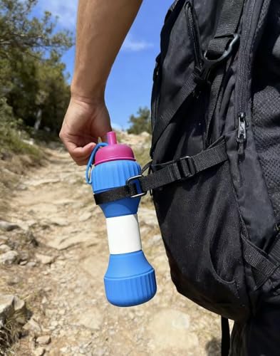 Collapsible Silicone Water Bottle 650ml - Dumbbell Shaped Leakproof Portable with Straw & Cap for Hiking Gym Travel (Blue/Gray)