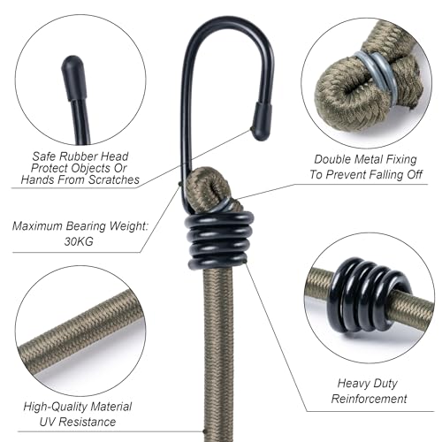 6Pcs 18inch Olive Green Bungee Cords with Hooks, Heavy Duty Elastic Bungee - size: 18inch, style: Olive Green