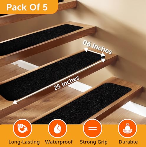 Stair Treads Non-Slip for Wooden Steps Indoor and Outdoor Grip Tape 6"x24" - size: Black, style: 5 Pack
