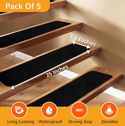 Stair Treads Non-Slip for Wooden Steps Indoor and Outdoor Grip Tape 6"x24" - size: Black, style: 5 Pack