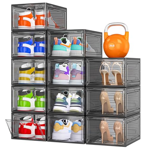 12 Pack Shoe Organizer, Stackable Shoe Storage Boxes with Magnetic Door - color: Black, size: 12 pcs