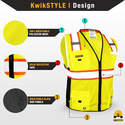 KwikSafety BIG KAHUNA Safety Vest Class 2 ANSI OSHA Hi Vis Reflective Vest - color: Yellow, size: XX-Large