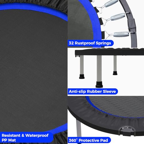 40"/48" Rebounder Trampoline for Adults Mini Trampoline for Adults and Kids Exercise Rebounder with Bar Fitness Trampoline Indoor Height Adjustable Max Load 330/440lbs - color: Blue-40in