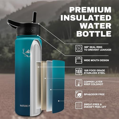 NATURE PIONEOR 24 oz Insulated Water Bottle with Carrier Bag & 3 Lids - color: Malachite Blue, size: 24 Ounces