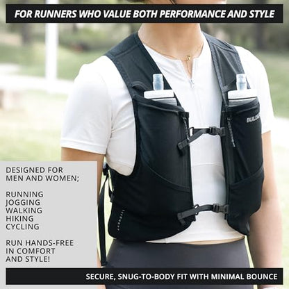 Build & Fitness LITEVEST Running Vest with 2X 500ml Soft Flasks – 7 Pockets, Lightweight, Breathable Hydration Vest – Premium, Secure, Comfort & Style for Training, Trails, Marathons & Everyday Runs - size: L / XL
