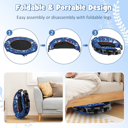 GYMAX 36” Toddler Trampoline with Lights, Folding Springless ASTM Approved Small Kids Rebounder with Foam Handle, Safety Padded Cover & Foldable Legs, Mini Indoor Baby Trampolines (Dark Blue)