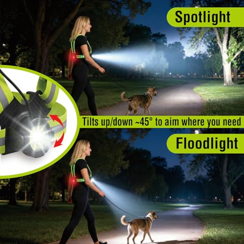 Running Light Vest for Night Safety, USB-C Rechargeable Hands-Free Chest Light, Spotlight/Floodlight, Reflective Vest Light for Runners & Dog Walking, Front White + Rear Red, IPX4