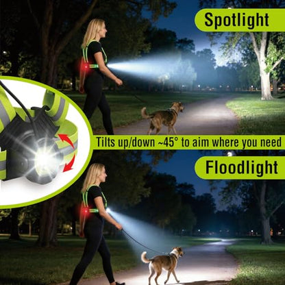 Running Light Vest for Night Safety, USB-C Rechargeable Hands-Free Chest Light, Spotlight/Floodlight, Reflective Vest Light for Runners & Dog Walking, Front White + Rear Red, IPX4