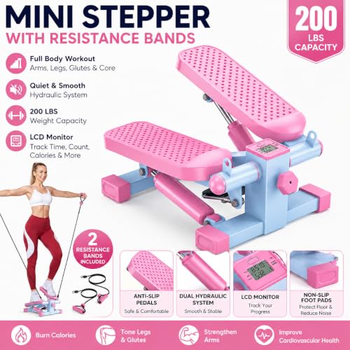 HCOIW Mini Stepper for Exercise at Home,Stair Stepper with Resistance Bands | Compact Stepping Machine with 300 lb Weight Capacity, Full Body Workout Equipment for Legs, Glutes & Cardio - color: Pink and Blue
