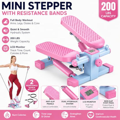 HCOIW Mini Stepper for Exercise at Home,Stair Stepper with Resistance Bands | Compact Stepping Machine with 300 lb Weight Capacity, Full Body Workout Equipment for Legs, Glutes & Cardio - color: Pink and Blue