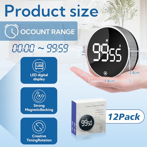 12 Pack Digital Kitchen Timer - Magnetic Kitchen Timer Visual timers Large LED Display Countup Timer 3 Volumes, 2 Brightness LevelsExtensively Use in Break Time, Cooking,Gym, Meeting, Classroom（Black）