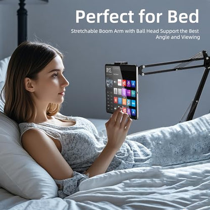 Tablet Floor Stand with 12lb Stable Base Overhead Bed Ipad Phone Holder Mount with Adjustable Height Stretchable Arm for 4.5-13in iPad Pro Air Mini 12.9/9.7, Kindle, Galaxy Tab, CellPhones