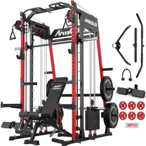 Mikolo M4 2.0 Smith Machine, 2200lbs Squat Rack with LAT-Pull Down System & Cable Crossover Machine, Training Equipment with Leg Hold-Down Attachment - color: Red, size: M4 2.0 Elite Package (with Black BP230lbs)