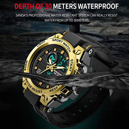 AIMES Men's Watches Sports Outdoor Waterproof Military Watch LED Date Alarm Stopwatch Multi-Function Tactics Big Face Wristwatch for Men - color: Gold