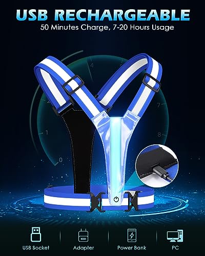 Zacro LED Reflective Vest Running Gear, 5 Lights Colors High Visibility Reflective Running Gear Rechargeable Light Up Running Vest for Walking Running Cycling, Adjustable for Men Women Kids - color: Blue