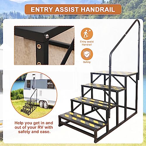 4 Step RV Stairs, Hot Tub Steps, Outdoor Spa Step Ladder with Handrail,Portable Economy 5th Wheel Stair for Travel Trailer, Motor Home, Camper and Porch with Non-Skid Tapes - size: RV Stairs - 4 Step with Single Handrail