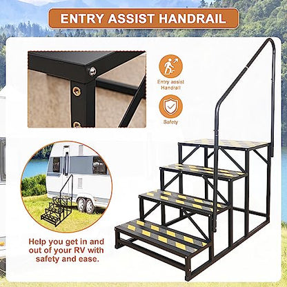 4 Step RV Stairs, Hot Tub Steps, Outdoor Spa Step Ladder with Handrail,Portable Economy 5th Wheel Stair for Travel Trailer, Motor Home, Camper and Porch with Non-Skid Tapes - size: RV Stairs - 4 Step with Single Handrail