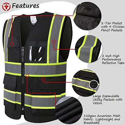 Safety Vest for Men Women Reflective Construction Vest Hi Vis ANSI Standard - color: H-black, size: X-Large