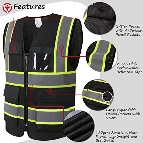 Safety Vest for Men Women Reflective Construction Vest Hi Vis ANSI Standard - color: H-black, size: 4X-Large