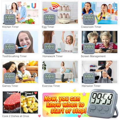 Antonki 2 Pack Digital Timer for Kids Classroom Kitchen Timers for Cooking - color: Space Grey