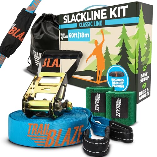 Essential Slackline Kit for Kids & Adults - 60ft Ninja Line (Blue) - color: Blue