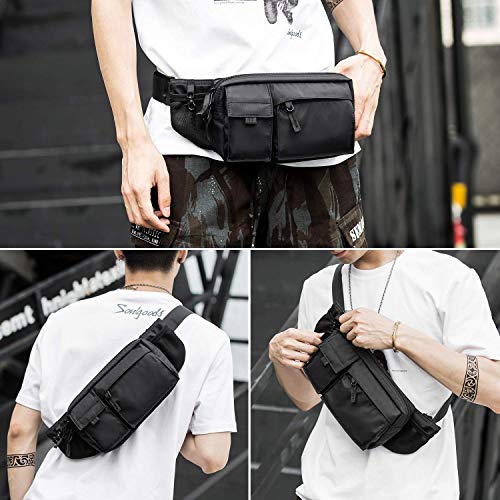 Large Waterproof Black Waist Bag Fanny Pack For Men Women Belt Bag Pouch Hip Bum Chest Bags with Adjustable Strap, Premium Lightweight Fanny Pack For Gym Fitness Workout Travel Work Commuting