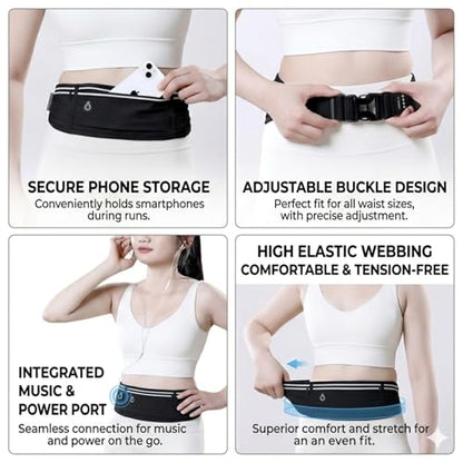 Running Belt with Resistance Band Bundle - Slim Water-Resistant Waist Pack for Women & Men, No-Bounce Adjustable Phone Holder Fits iPhone 15 Pro Max, Glute Activation Loop for Yoga & Fitness - color: Black