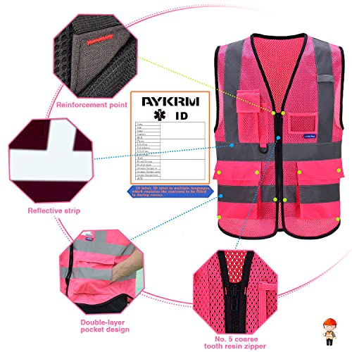 A-SAFETY Hi-Vis Reflective Mesh Vest with 7 Pockets, Zipper, Pink, 6XL-8XL - color: Pink Mesh, size: 6X-Large