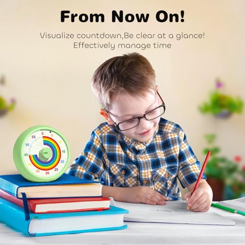 Visual Timer for Kids, 60-Minute Countdown Timer for Classroom Office Kitchen, Desk Timer Kids Time Management Tools with Silent Operation, Pomodoro Time Rainbow Pattern (Green) - color: Green