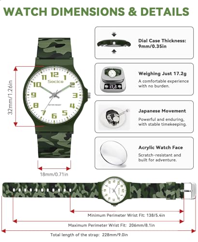 SOCICO Kids Analog Watch 30M Waterproof & Learning Time for Girls Boys - color: Camo-Green