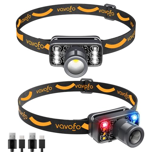 VAVOFO 2-Pack LED Headlamp Flashlight, 500 Lumen Rechargeable Waterproof Outdoor Headlight with Bright White +Red Light, Stepless Dimming, Lightweight, Adjustable Headband, 5 Modes for Camping - size: 2 Pack