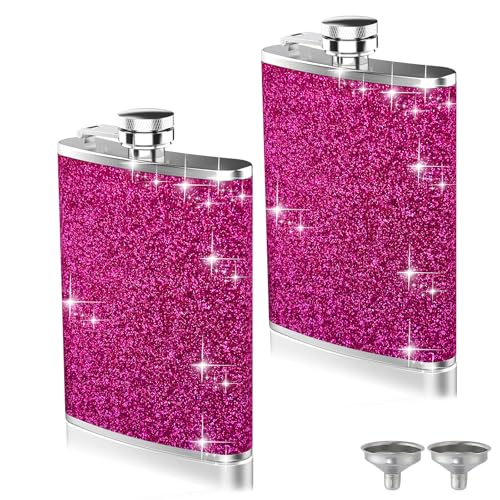 2-Pack 8 Oz Bling Hip Flasks for Liquor, Hianjoo Leakproof Stainless Steel Flasks with Funnel Pocket Flask for Women, Portable Metal Flask for Camping Outdoor Activity Wedding Party Gift, Rose Red - color: Rose Red
