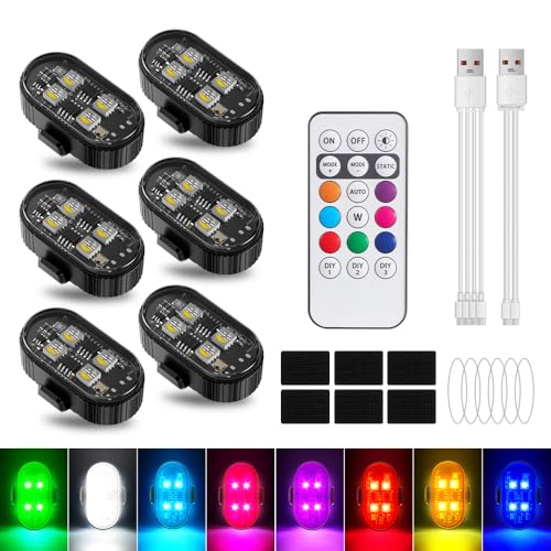 6Pcs Wireless LED Strobe Lights, 8 Colors 10 Kind of Lighting Effects USB Rechargeable Anti-Collision Warning Light, High Brightness LED Strobe Lights for Bike Car Drone Motorcycle Aircraft - color: 6pcs
