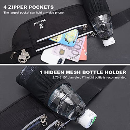 Peicees Fanny Pack with Water Bottle Holder Waist Bag for Men Women Water Resistant Lightweight Reflective Adjustable Running Belt Headphone Bag Travel Pocket for Outdoor Camping Fitness Hiking - color: New Black
