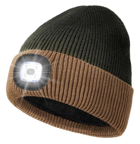 MELASA Winter Fleece Lined Beanie with The Light, Warm Gifts for Men Dad - color: Khaki Tie Dye