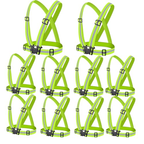 10 Pack High Visibility Reflective Safety Vest, Neon Yellow Cross-Body Harness, 300YD Visibility Range, Adjustable Straps for Night Running, Cycling, Walking