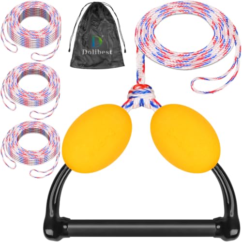 Dolibest 75FT Floating Water Ski Rope with Comfortable Handle, 4-Section Adjustable Wakeboard Tow Rope for Wakeboarding,Waterskiing,Kneeboarding & Tubing, 1600LB Strength & Reinforced End - color: White + Red + Blue (with Float Ball)