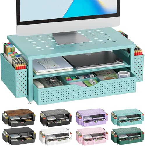 gianotter Desk Organizers and Accessories, Monitor Stand with Drawer and 2 Pen Holder, Desktop Organizer Suitable for Offices and Dormitories (Blue) - color: Blue